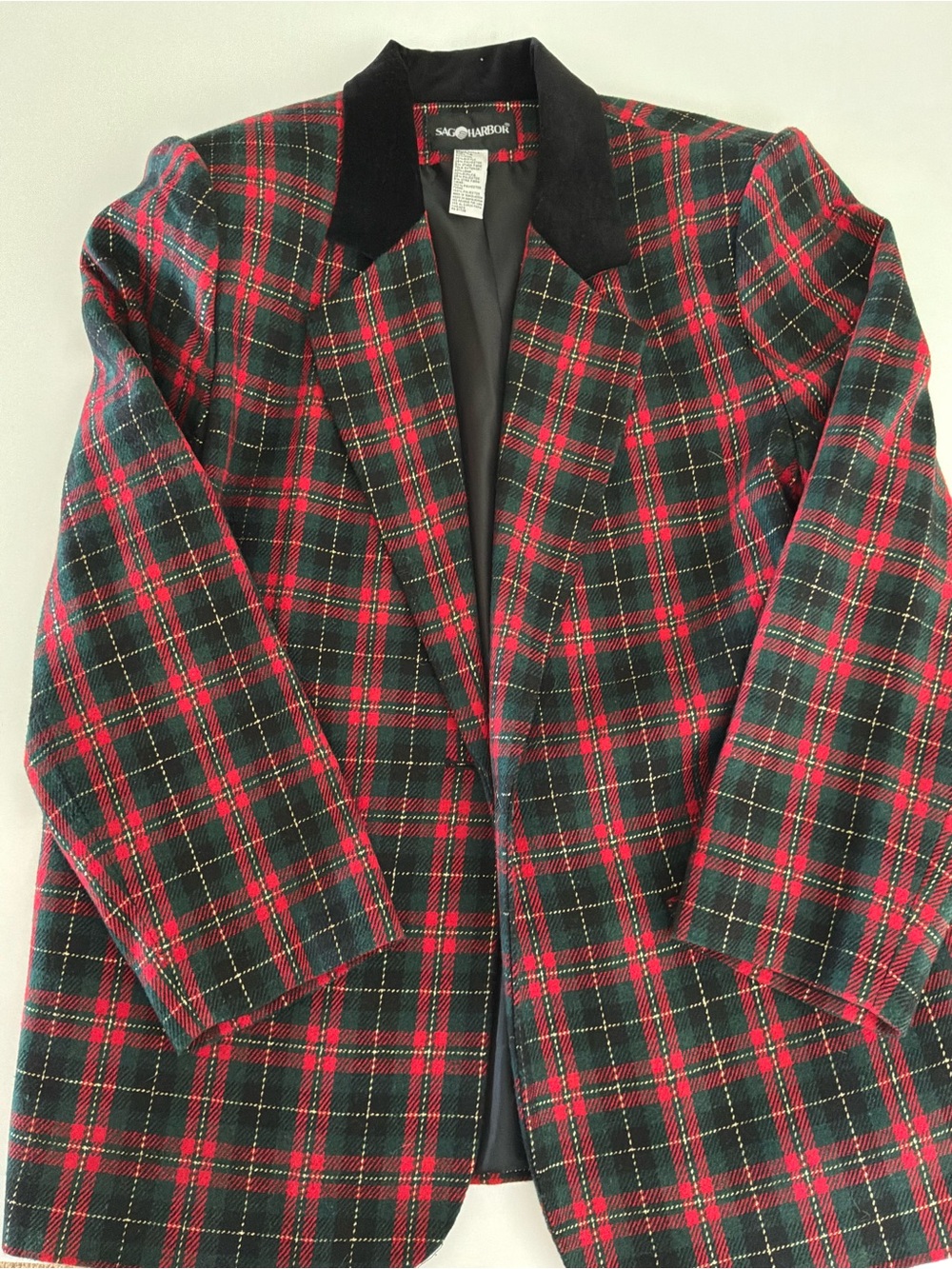 Sag Harbor Black Blazer with Red & Green Plaid Trim